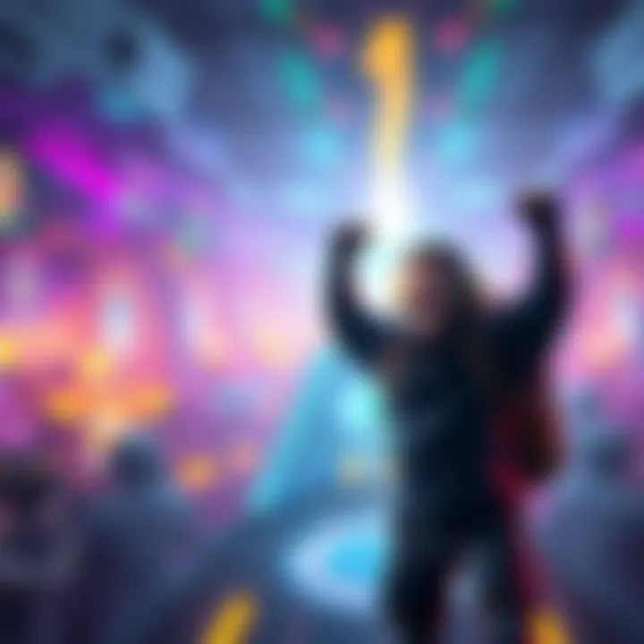 A gamer excitedly celebrating after triggering the dark matter jump pad during gameplay, with a vibrant game scene in the background.