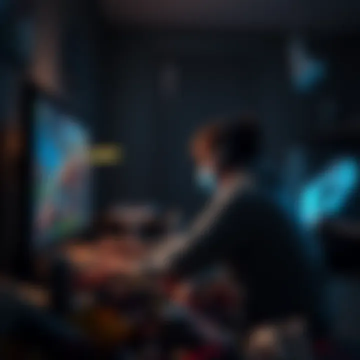 A gamer sitting alone in a dimly lit room, focused on a computer screen filled with game graphics, surrounded by snack wrappers and energy drinks, symbolizing addiction