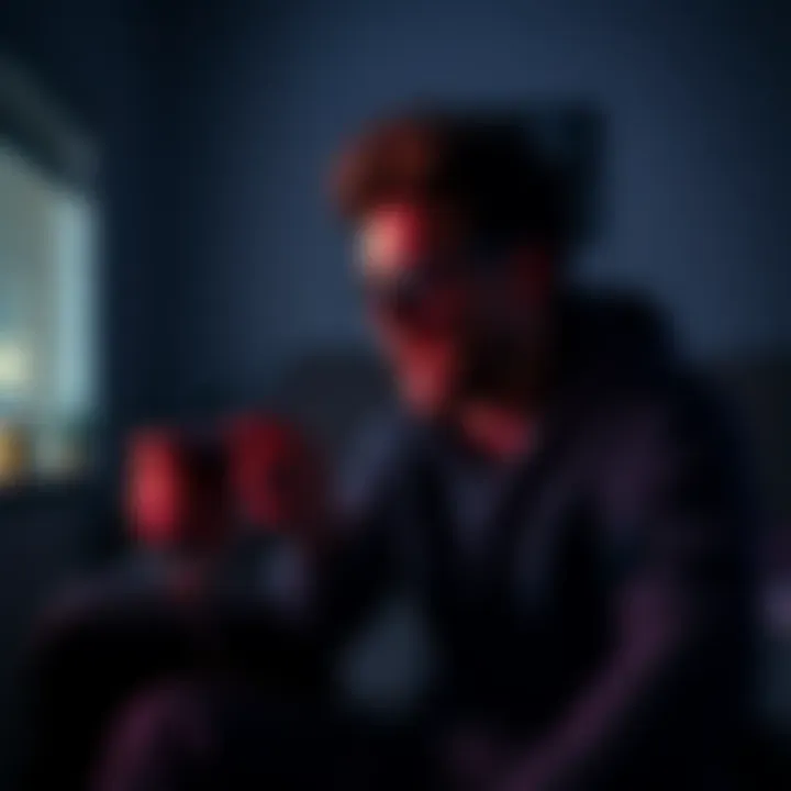 A gamer sitting in a dimly lit room, focused on a horror game, expressing a mix of fear and excitement while gripping the controller tightly