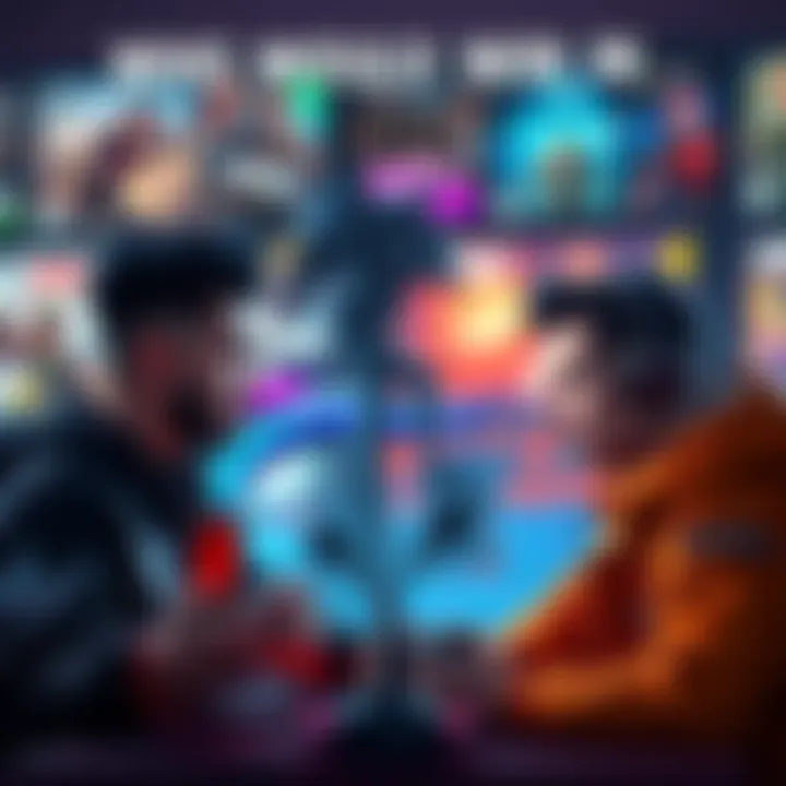 A group of gamers passionately debating outcomes of fictional fights, with game posters in the background.