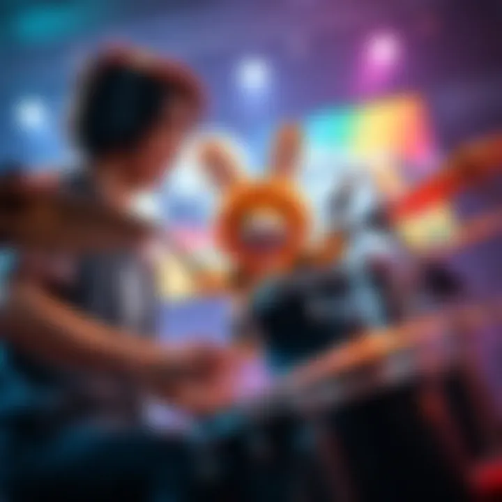 A gamer using rock band drums to play a video game, defeating the character Kamaitachi at level 1, with excitement visible on their face.
