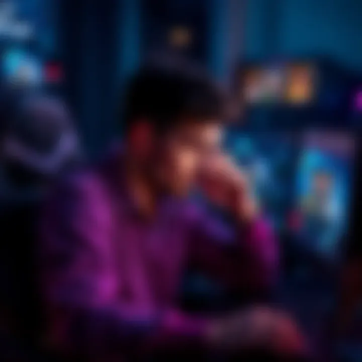 A gamer looks conflicted while sitting at a computer, with Steam achievements visible on the screen. Friends avatars are shown on the side, highlighting the competition.