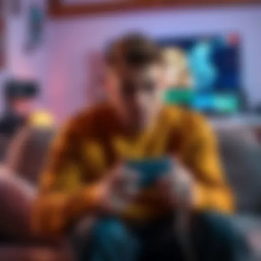 A gamer sitting on a couch, looking frustrated while holding a game controller, with a TV showing a paused game screen in the background