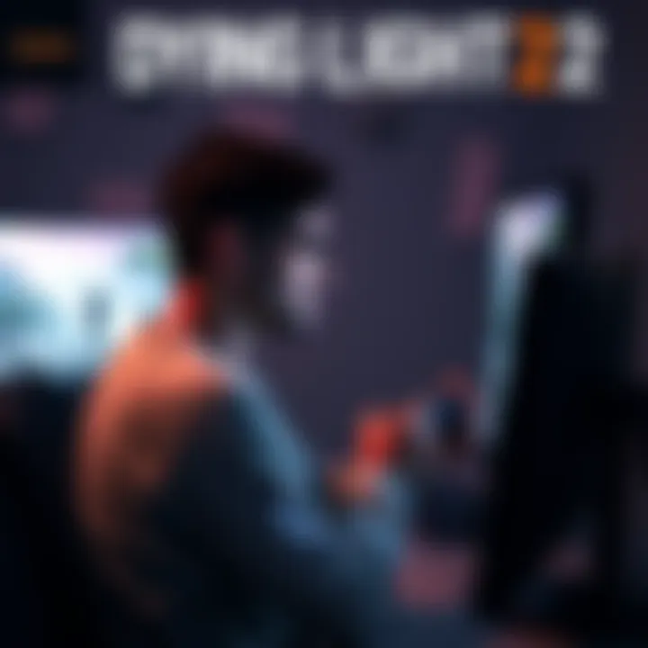 A gamer sits in front of a computer screen, looking frustrated after finishing Dying Light 2. They have a controller in hand, and the screen shows game graphics with a dim atmosphere.