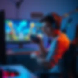 A gamer sits in front of a computer, looking frustrated with a game controller in hand, surrounded by game achievements on the screen.