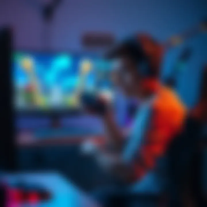 A gamer sits in front of a computer, looking frustrated with a game controller in hand, surrounded by game achievements on the screen.