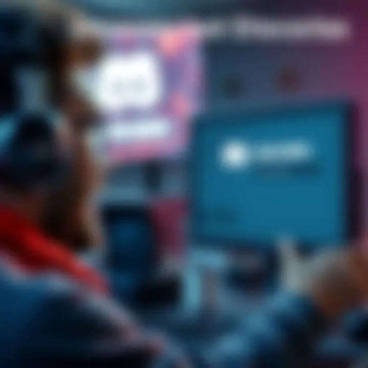 A surprised gamer looks at their screen showing their visible Discord status during gameplay. The screen displays the Discord logo and status message, while the gamer reacts with a mix of laughter and shock.