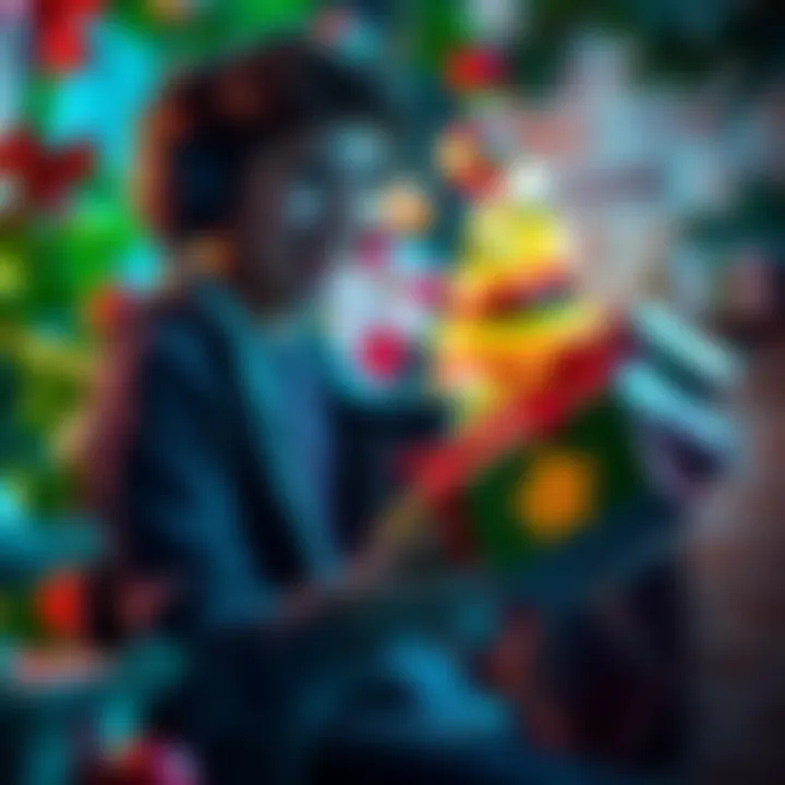 A young gamer smiling while holding a rare D&D item given by their uncle, surrounded by festive Christmas decorations.