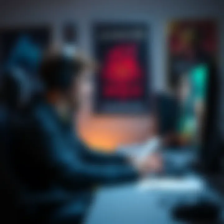 Gamer Seeking Dota 2 Tips A gamer sitting at a computer, looking focused while playing Dota 2, with League of Legends posters in the background. They are taking notes from a guide on the screen.