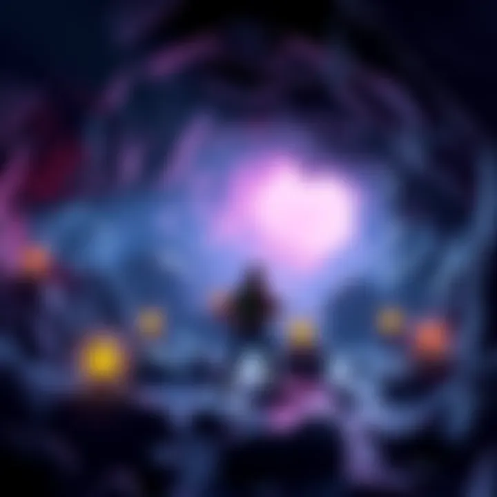 A player character exploring a dark cave with glowing collectibles, searching for the last item in a video game.