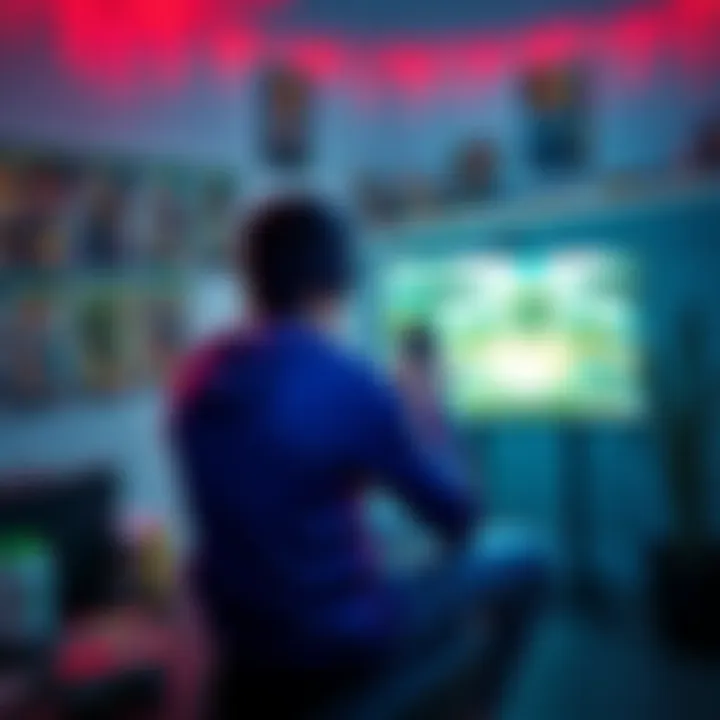 Gamer sitting in front of a gaming console, daydreaming about playing Monster Hunter Generations Ultimate, surrounded by game posters and snacks.