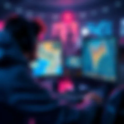 A gamer uses two monitors to display a map and gameplay, focusing on safe areas while gaming.