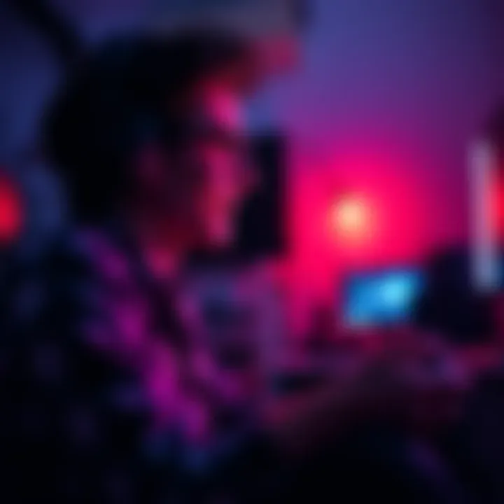 Player experiencing strong emotions while gaming A gamer sitting in a dim room, focused on their screen with a look of deep emotion on their face, holding a game controller