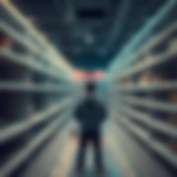 A disappointed gamer stands in front of empty shelves where Steam Decks should be, conveying frustration over the shortage.