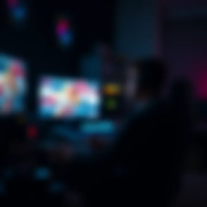 Gamer engrossed in a video game A focused gamer sits in a dark room, illuminated by the glow of the screen, with gaming accessories around them, showing the intensity of gameplay.