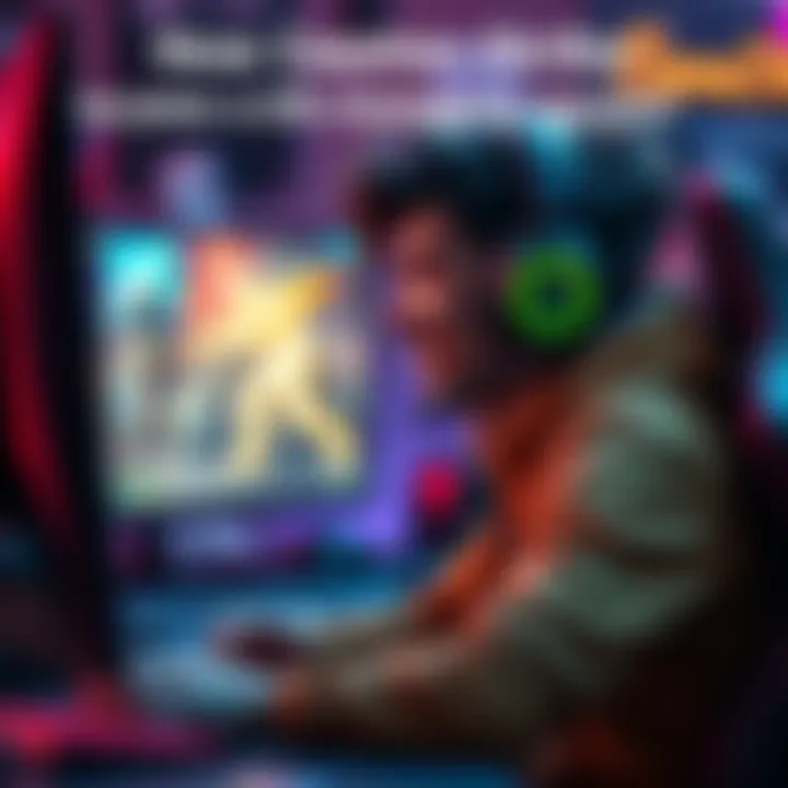 Gamer enjoying Counter-Strike A gamer immersed in a video game session of Counter-Strike, showcasing excitement and dedication, with a colorful gaming setup, including a monitor and headset.