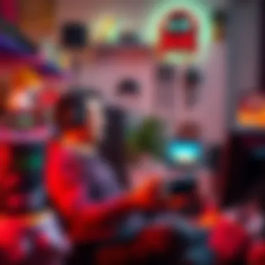 A passionate gamer playing a video game, surrounded by gaming memorabilia and snacks, smiling as they complete a DLC mission.