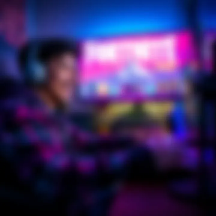A gamer smiling while playing Fortnite on a colorful gaming setup