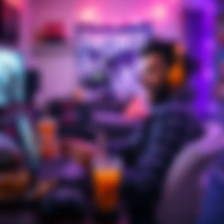 A person playing Fortnite on a gaming console, surrounded by snacks and drinks, showing excitement on their face.