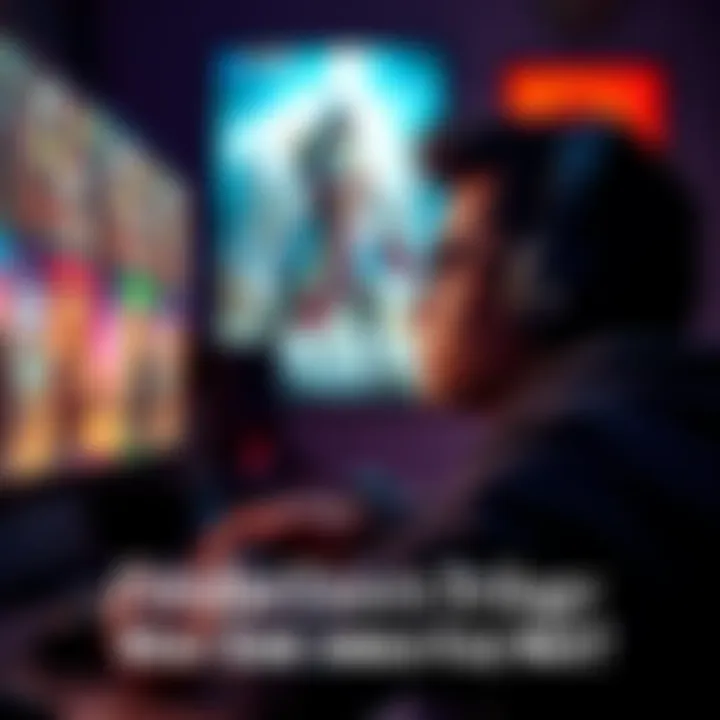 A gamer sits in front of a screen, focused on playing a video game, with a controller in hand and a thoughtful expression, surrounded by gaming paraphernalia.