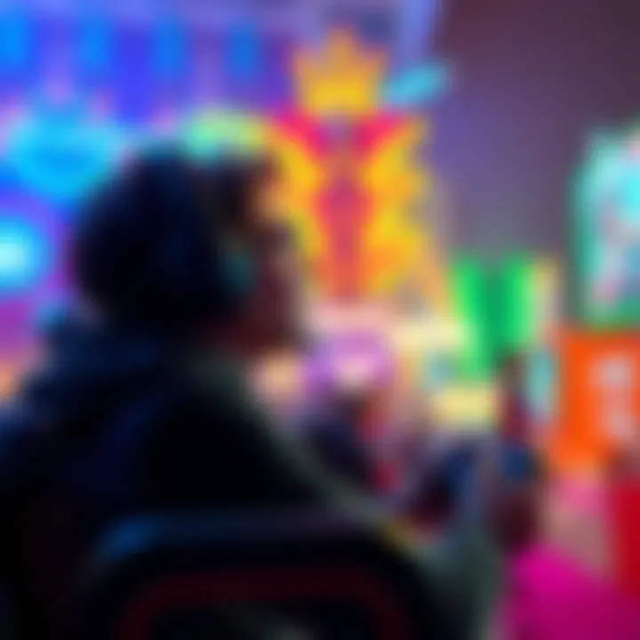 Gamer enjoying a vibrant game A gamer immersed in a colorful game environment, with headphones on, experiencing immersive sound and art design