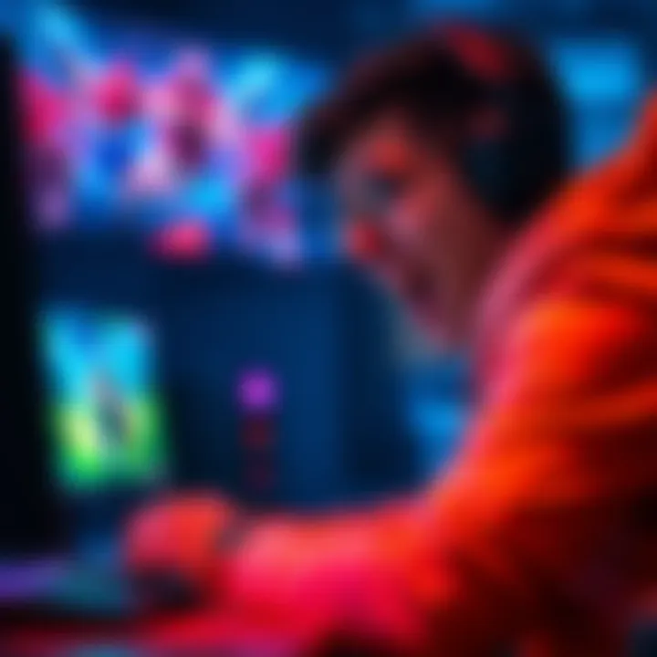 Excited gamer enjoying intense gameplay A person focused on their gaming setup, with vibrant graphics displayed on the screen, showing intense action and excitement.