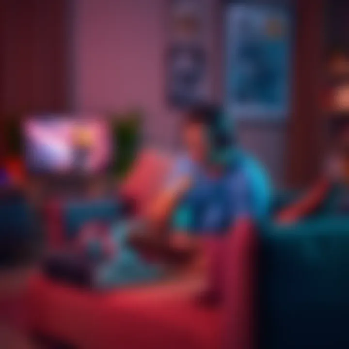 Person sitting on a couch with a game console, focused on playing a single player game during recovery from knee surgery