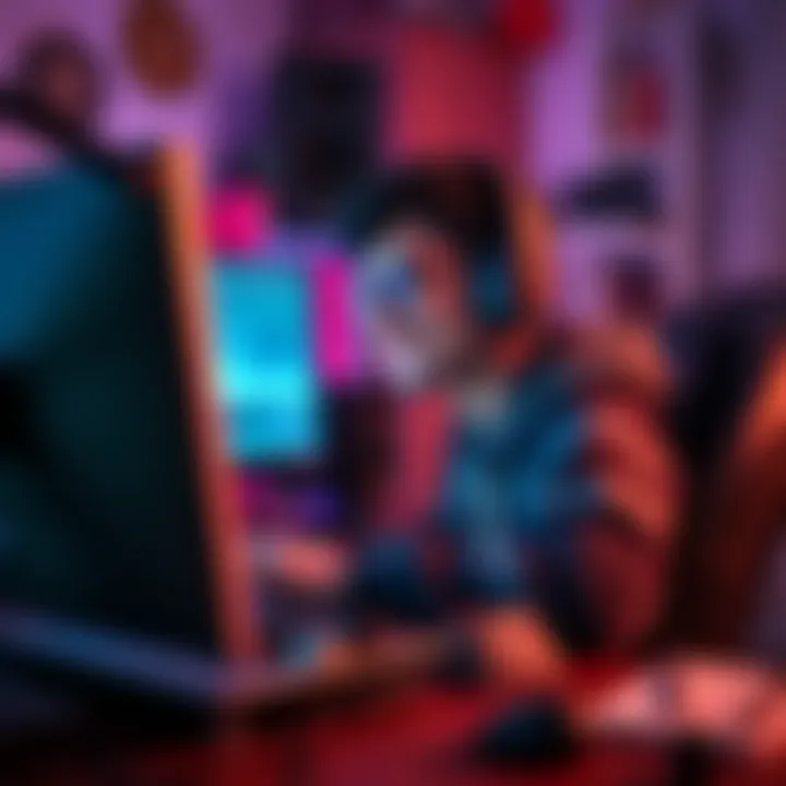 A gamer in a cozy setup, wearing headphones and smiling while music plays in the background, with a computer screen showing shader compilation progress.