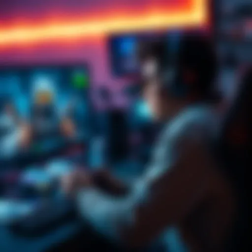 A gamer sits in front of a screen, deeply focused on gameplay, surrounded by gaming gear and memorabilia from Halo.