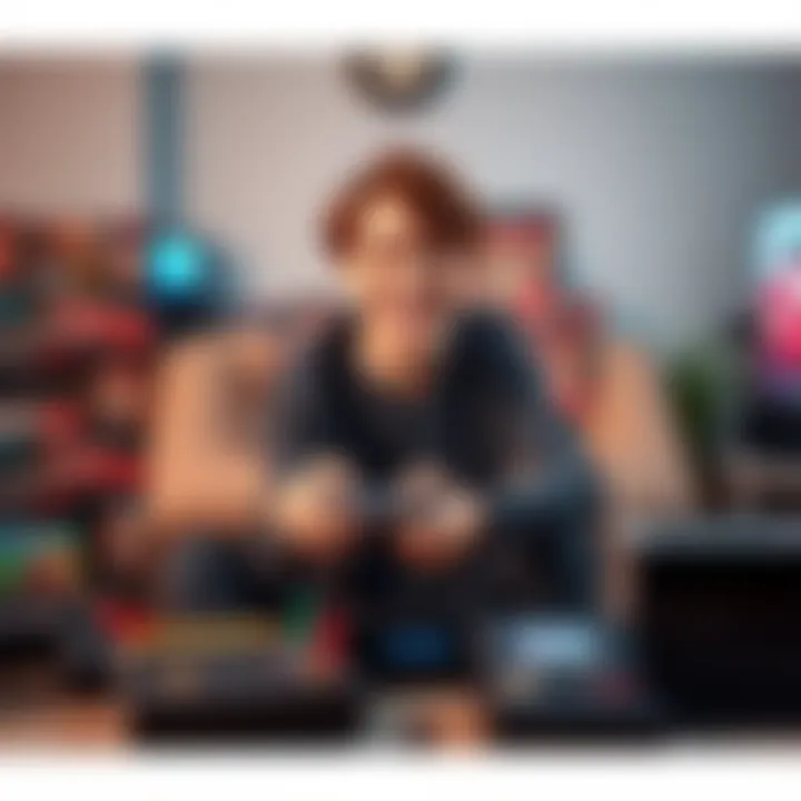 A person smiling while playing a retro video game on a classic console, surrounded by game cartridges and memorabilia.