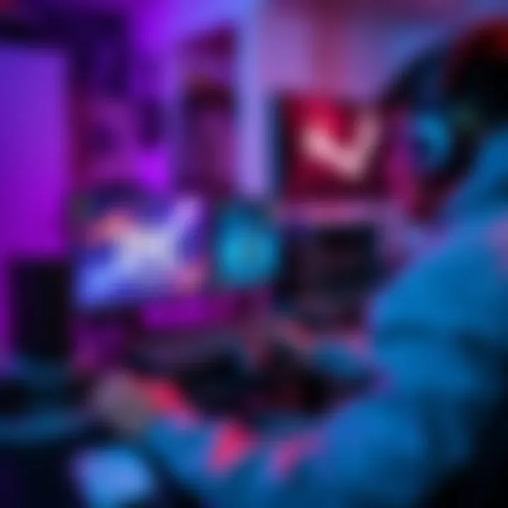 A gamer sitting at a desk with two screens, one showing Epic Games and the other showing Steam, focused on gameplay.