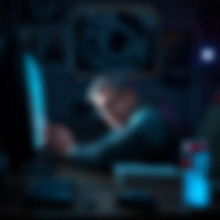A middle-aged gamer slumps in front of a screen, showing signs of fatigue after a challenging soulslike game. The room is dimly lit, with game posters on the wall, and an empty energy drink can beside...