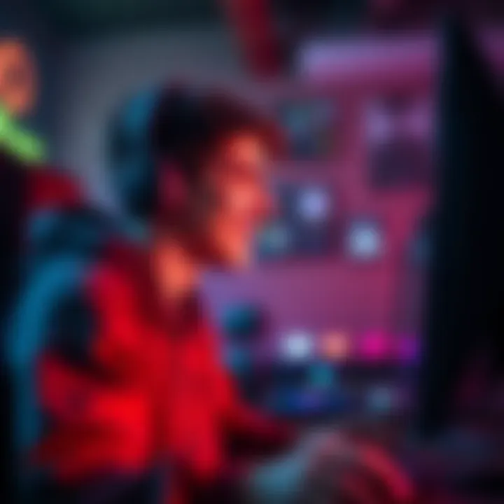 A gamer smiles while playing in front of a computer screen, showing a mix of concentration and enjoyment during an intense match.