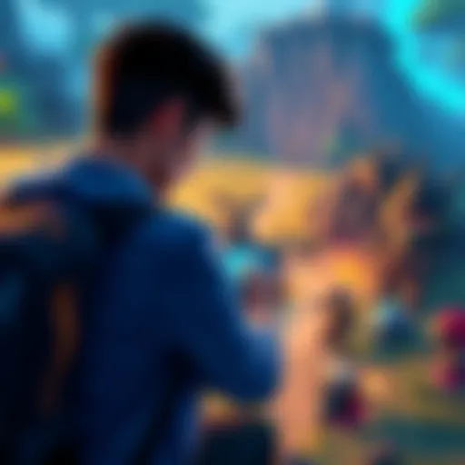 A gamer looking at a map in a vibrant beginner-friendly game area with various monsters around, searching for the next adventure.