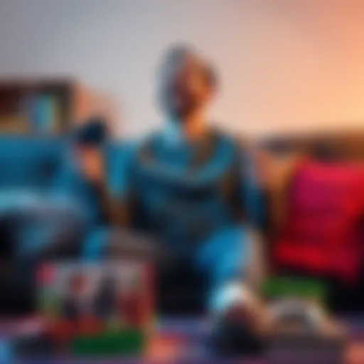 A person sitting on a couch, holding a Nintendo Switch and an Xbox One controller, looking excited about new game options, surrounded by various game boxes.