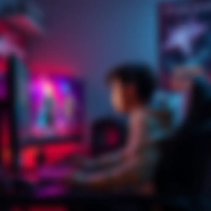 Gamer exploring new titles A gamer sitting in front of a computer screen, looking at gaming options with a thoughtful expression, surrounded by gaming gear and posters.
