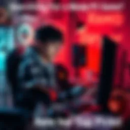 A person sitting at a computer, researching role-playing games with a focused expression and gaming gear around them.