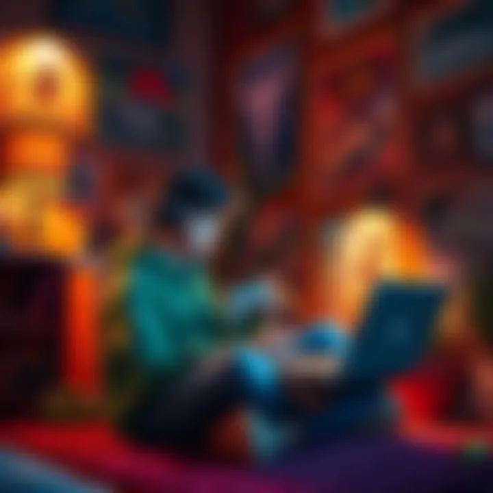 A gamer sitting with a controller in a cozy room, surrounded by posters of RPG games, looking intrigued while browsing for new games on a laptop.