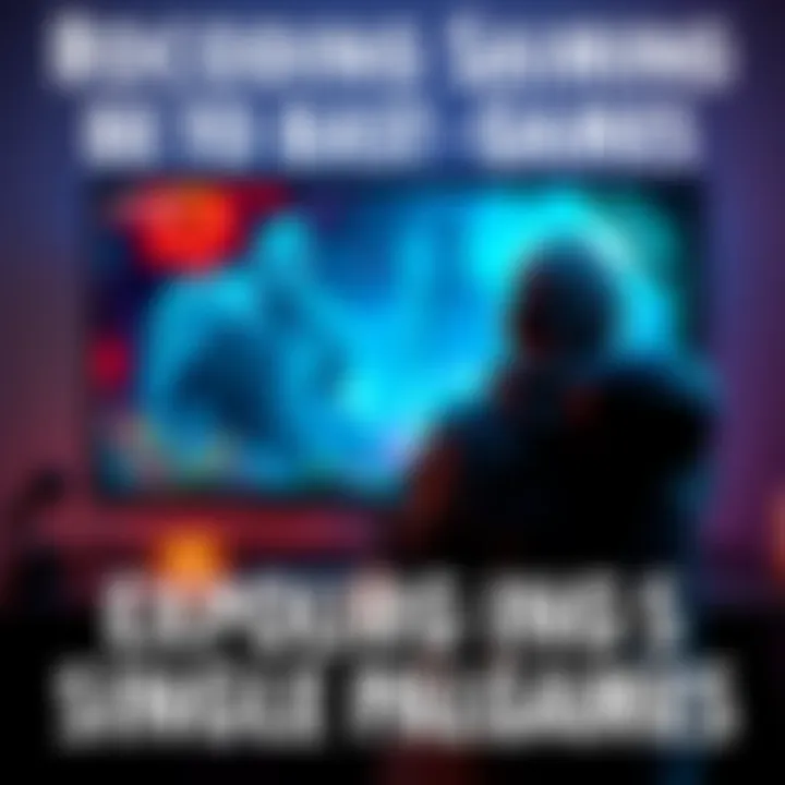 A gamer sitting in front of a screen, playing a fantasy game with vibrant graphics, showcasing scenes reminiscent of The Witcher 3 and Baldur's Gate 3.