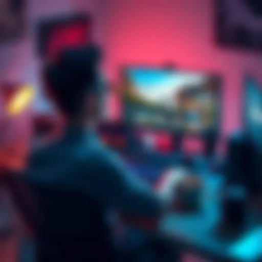 Gamer exploring Steam for single-player games Person sitting at a desk, looking at a computer screen displaying Steam, surrounded by gaming accessories and coffee