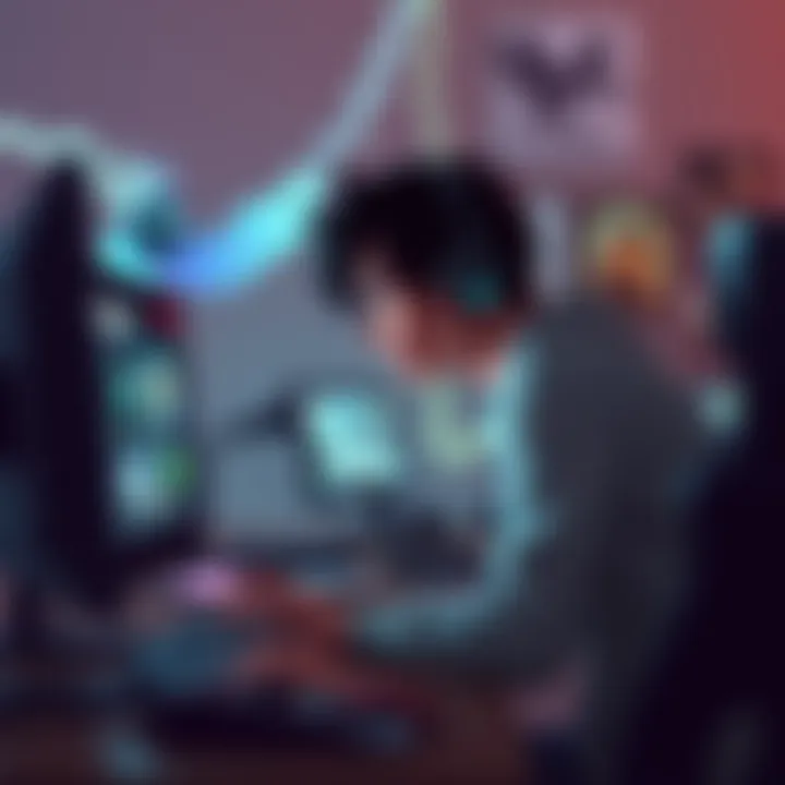 A person sitting in front of a computer, looking at game recommendations with excitement and curiosity.