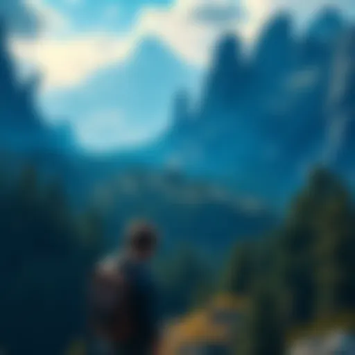 A gamer looks around in a large open game world filled with mountains and forests, feeling the excitement of adventure.