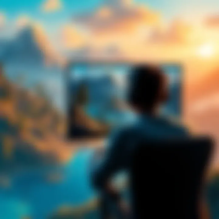 A gamer exploring a vast virtual world A gamer sits in front of a computer screen, fully engaged in a colorful and expansive game environment with mountains, trees, and water, showcasing the fun of playing without knowing what's ahead.