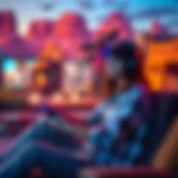 A woman in casual clothes sitting comfortably with a game controller, engaged in an immersive video game environment that resembles a wild west setting without violence.