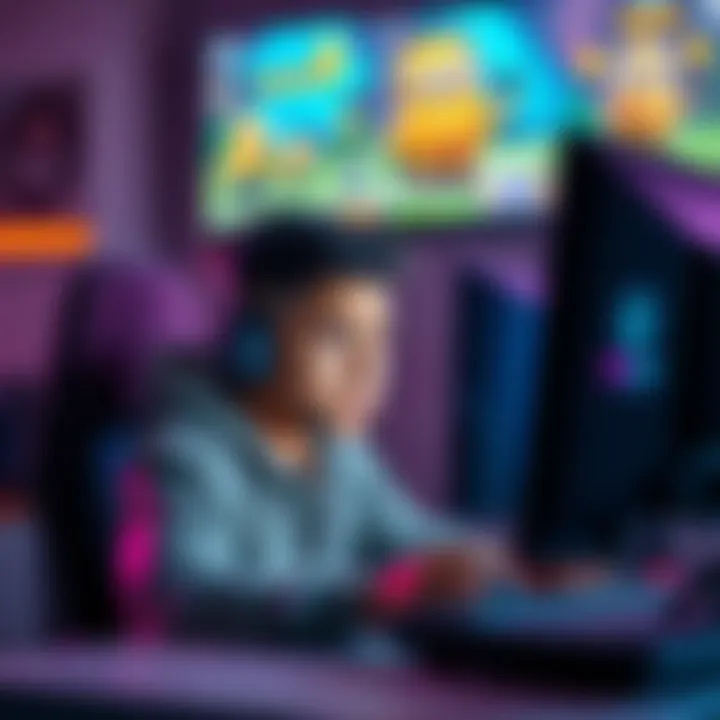 A gamer sitting in front of a computer with a concerned expression while playing a game, showing frustration and nostalgia for a previous game season, with colorful game graphics on the screen.