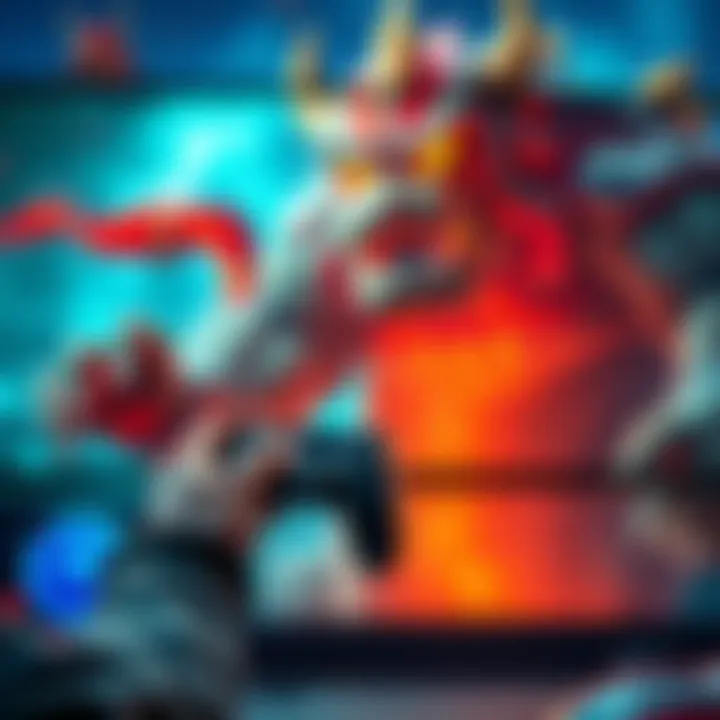 Gamer Facing a Boss Solo A gamer holding a controller, focused on a screen where a boss character looms large, showcasing the tension of a solo battle.