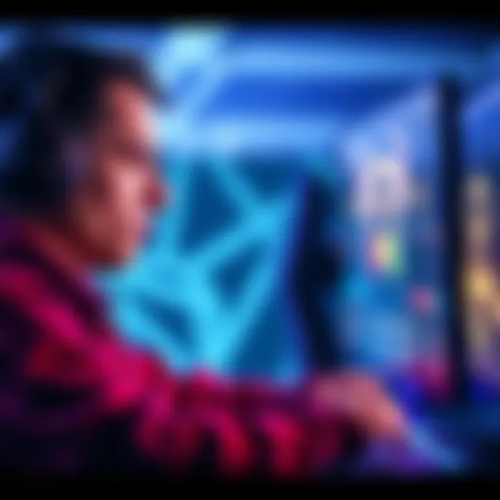 A gamer intensely focusing on a screen while playing a video game on very hard difficulty, showing determination and skill.