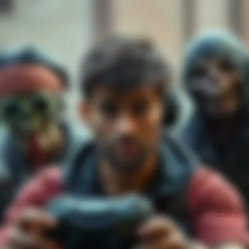 A gamer looks worried as they play Hunt with a critical teammate, surrounded by zombie characters in the background.