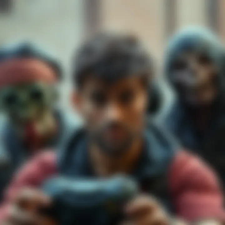 A gamer looks worried as they play Hunt with a critical teammate, surrounded by zombie characters in the background.