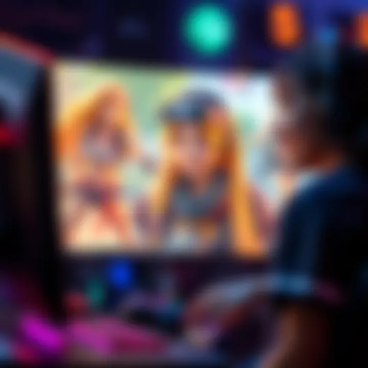 Gamer showcasing favorite support character A popular gamer smiling while playing her favorite support character on screen, surrounded by gaming gear